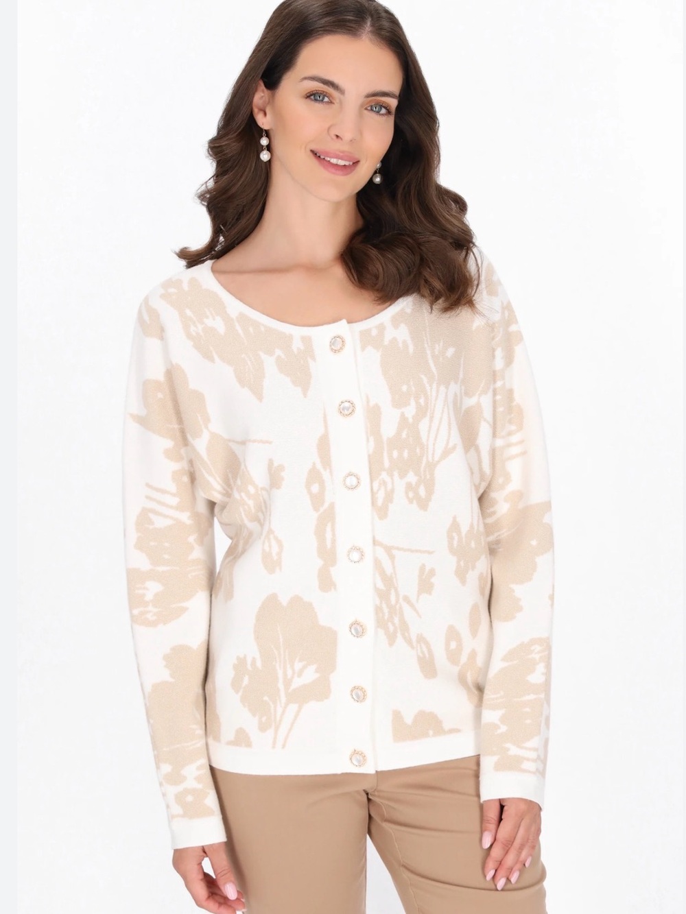 Lord & Taylor Cream and Beige Floral Button-Front Cardigan